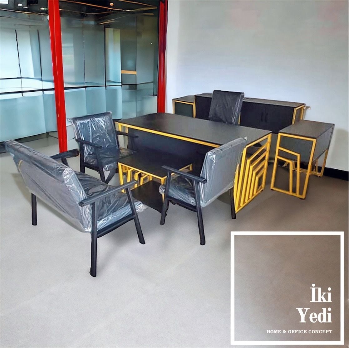 Quando Sarı Demir Ayaklı Antrasit Gri Metal Ofis Mobilyası Takımı Büro Yönetici Masası Seti Makam Odası Grubu Patron Modern Mobilyalar