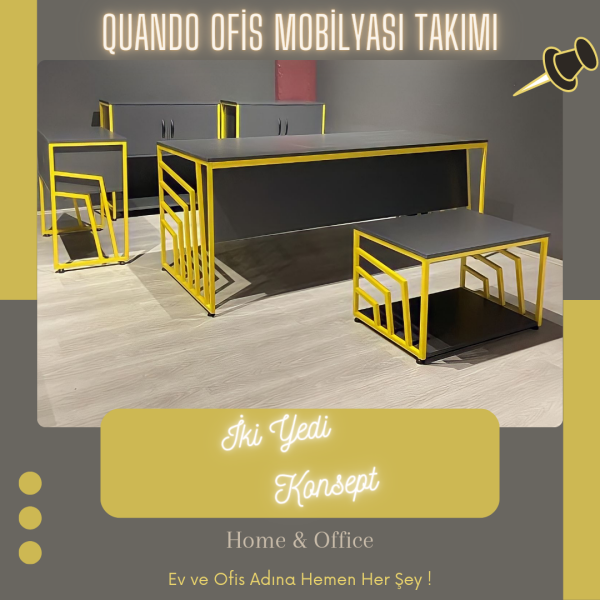 Quando Sarı Demir Ayaklı Antrasit Gri Metal Ofis Mobilyası Takımı Büro Yönetici Masası Seti Makam Odası Grubu Patron Modern Mobilyalar