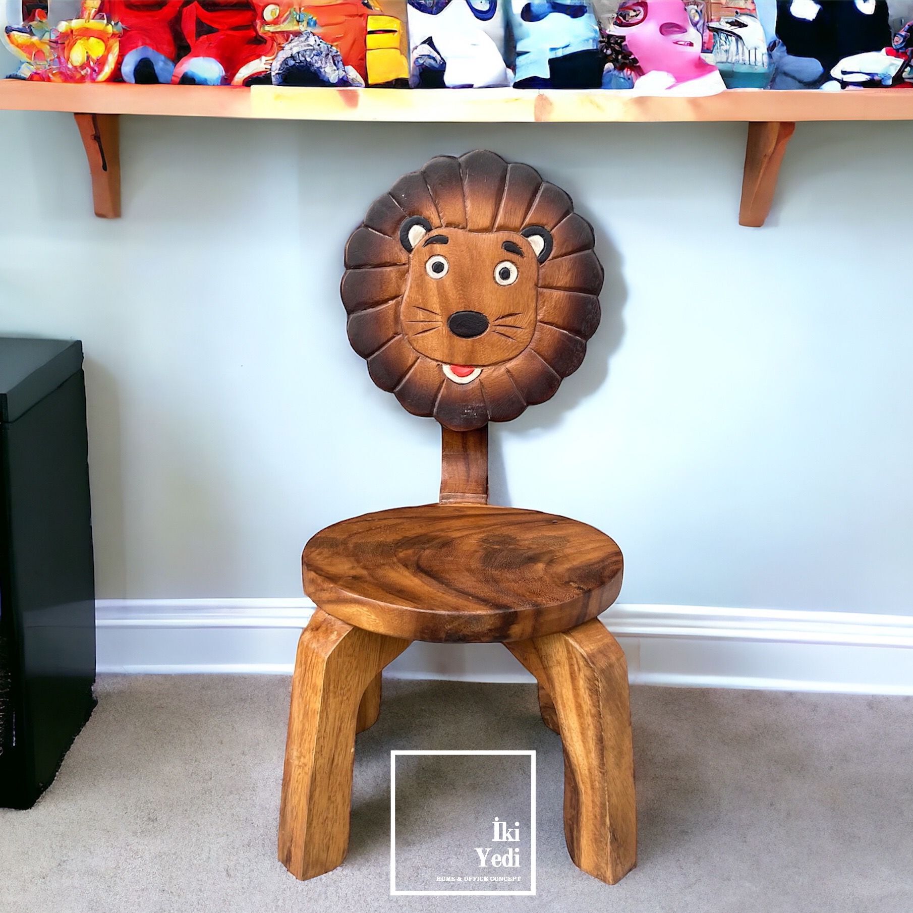 Aslan Tasarım Masif Ağaç Tabure Ahşap Çocuk Sandalyesi El İşçiliği Motifli Çocuk Odası Mobilya