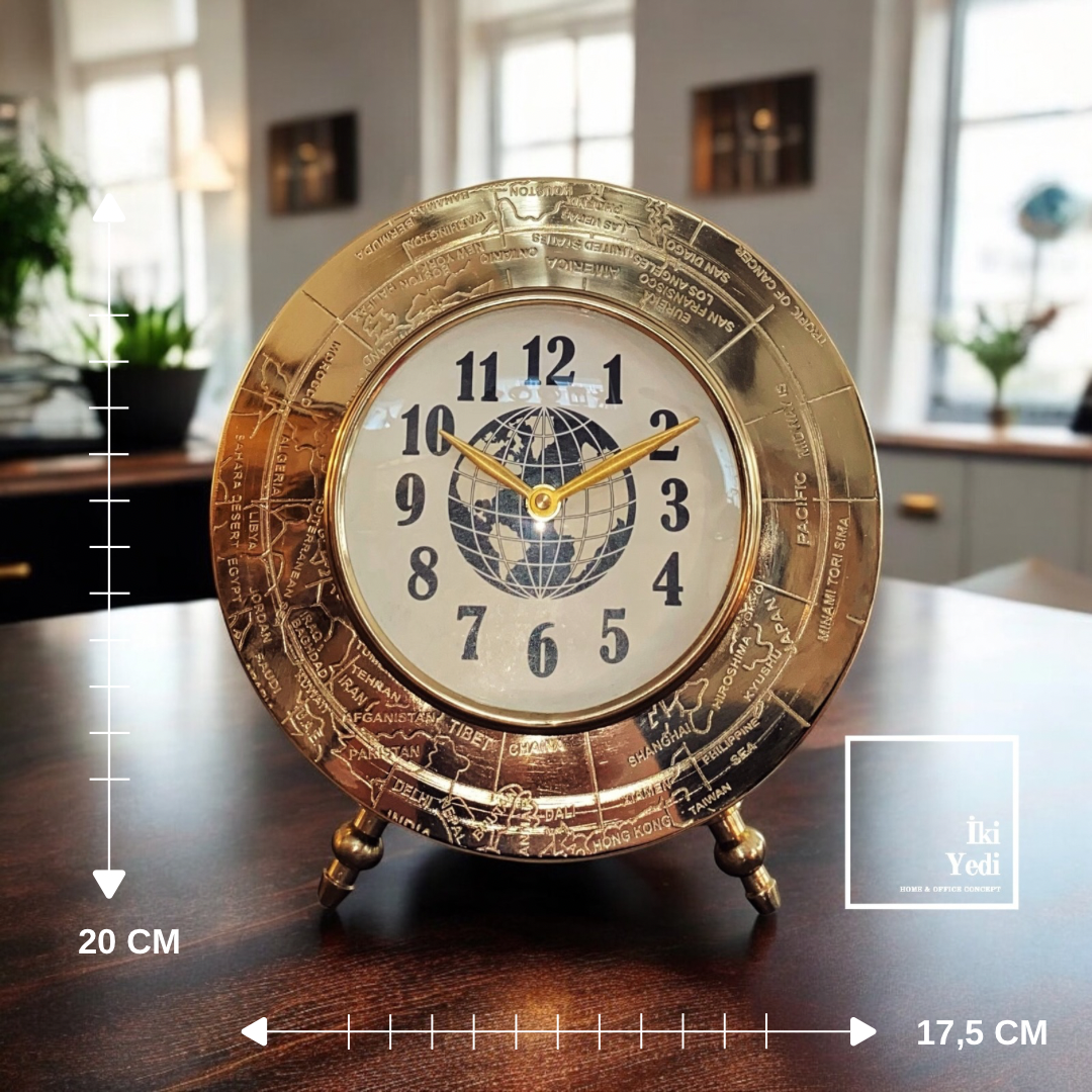 Maurice Pirinç Döküm Lüks Masa Saati Antik Eskitme Dünya Haritalı Tasarım Şömine Saati Ofis Ev Şık