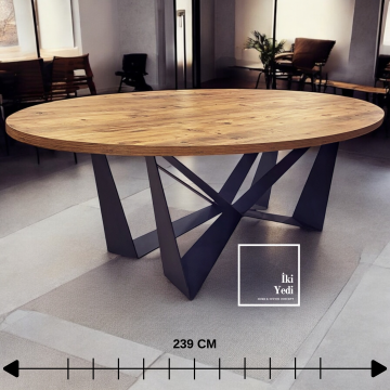 Bayard 240 cm Modern Elips Toplantı ve Yemek Masası, Ahşap Üst Lüks Demir Ayaklı Büyük Masa, Ofis ve Ev Dekorasyonu