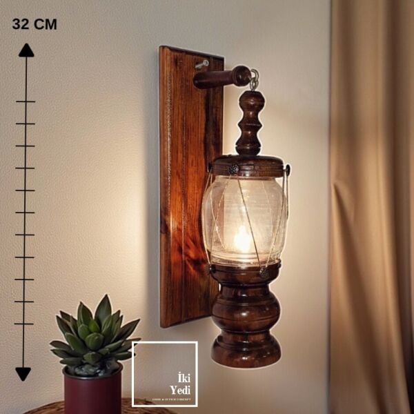 Gregill Rustik Ahşap Duvar Lambası Fener Tasarım Aplik 32 cm Dekoratif Aydınlatma Duvar Dekorasyonu