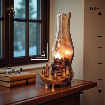 Jude 77-1 Rustik Ahşap Gaz Lambası Tasarımlı Masa Lambası Dekoratif Aydınlatma Vintage Loş Işık