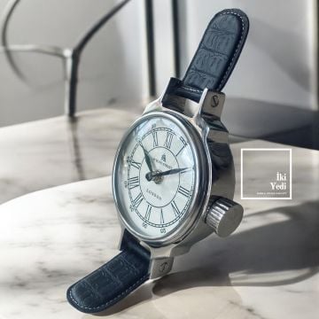 London 77-2 Antika Kol Saati Görünümlü Masa Saati, 20 cm Krom Metal Eskitme Ofis Hediyelik Obje