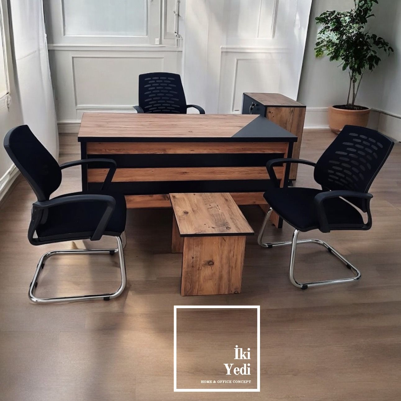 Mango Ofis Mobilya Takımı Modern Ofis Masa Seti Ergonomik Fileli Sandalyeler ile Şık Büro ve Çalışma Odası Dekorasyonu