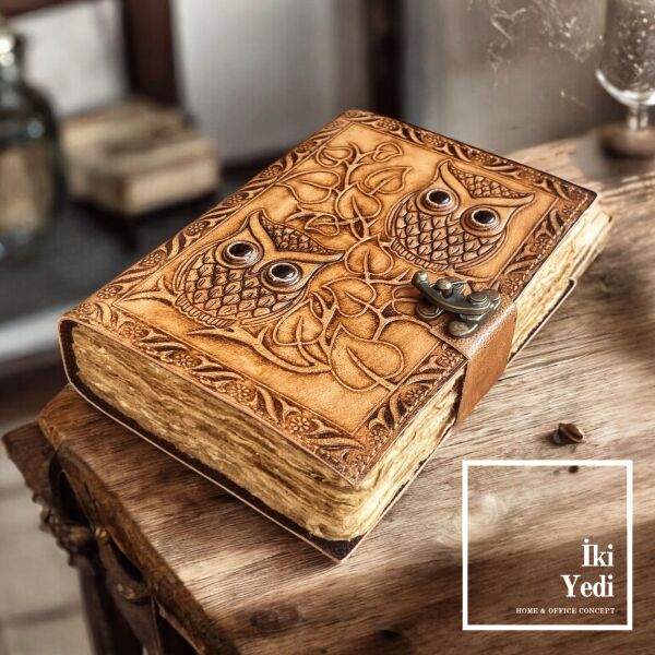 Baykuş Desenli Deri Defter – El Yapımı Vintage Günlük & Not Defteri, Retro Hediyelik Anı Defteri