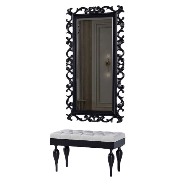Okita Puf Ayna Seti Bench Ayna Takımı Lüks Antre Mobilyası Siyah Ev Dekorasyonu Giril Hall Lobi Luxury Furniture