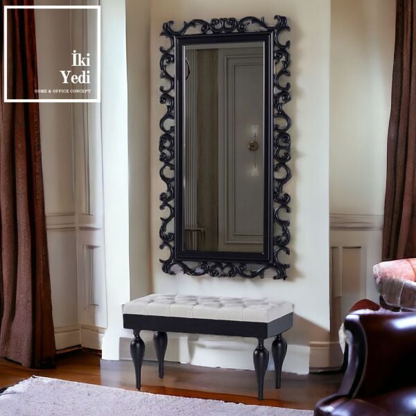 Okita Puf Ayna Seti Bench Ayna Takımı Lüks Antre Mobilyası Siyah Ev Dekorasyonu Giril Hall Lobi Luxury Furniture