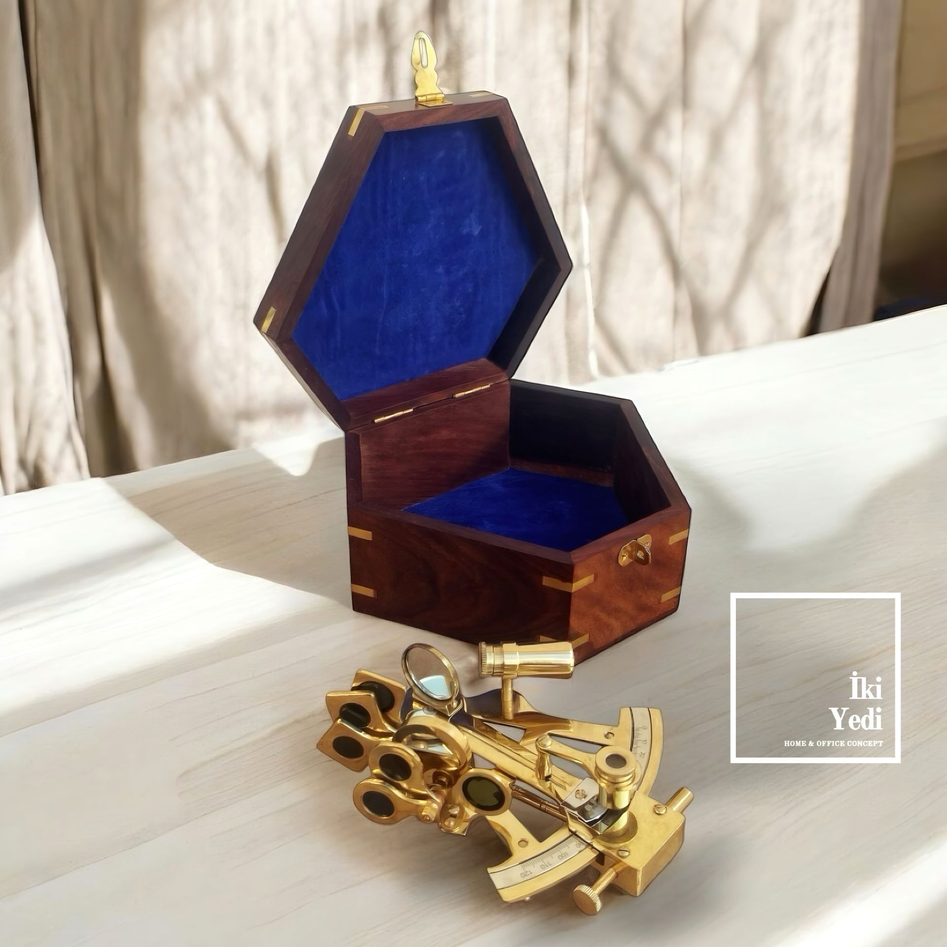 Sunbeam Gül Ağacı Masif Kutulu Pirinç Sekstant Denizcilik Sextant Antika Tasarım Eskitme Dekoratif Obje Ev Ofis Hediyesi