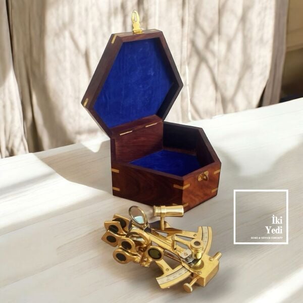 Sunbeam Gül Ağacı Masif Kutulu Pirinç Sekstant Denizcilik Sextant Antika Tasarım Eskitme Dekoratif Obje Ev Ofis Hediyesi