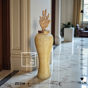 Zuffano Cam Gövde Dekoratif Büyük Vazo, Zamak Kapaklı Lüks Obje, 79 cm Yükseklik Giriş Lüks Hediye