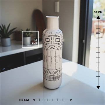 Shaffer 772 Dekoratif Seramik Vazo Etnik Desenli Beyaz Tasarım Modern Ev Ofis Aksesuarı Hediye Obje