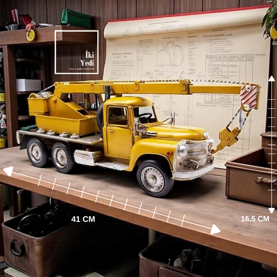 Elmer Vinc Modeli Dekoratif Metal İş Kamyonu, Sarı Antik Tasarım Vinç Maketi, Ev Ofis Aksesuarı