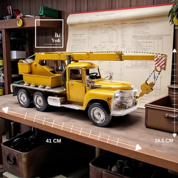 Elmer Vinc Modeli Dekoratif Metal İş Kamyonu, Sarı Antik Tasarım Vinç Maketi, Ev Ofis Aksesuarı