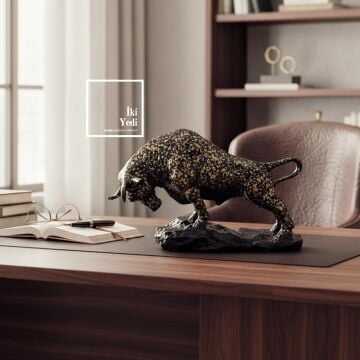 Wonton Boğa Biblosu Dekoratif Obje Siyah Altın Renk Masa Üstü Figür 30x21 cm Ofis Hediyesi Heykel