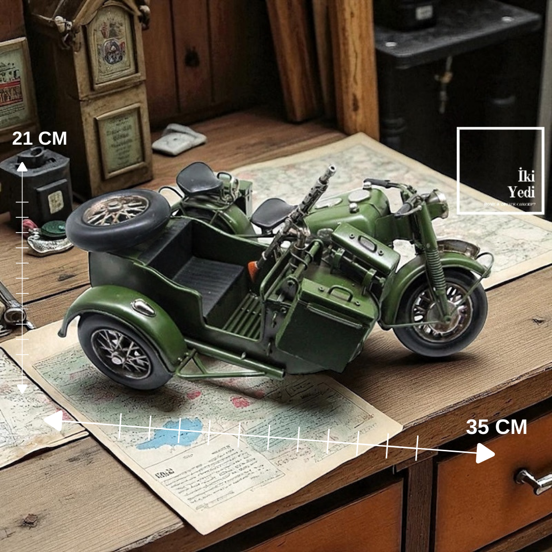 Andrew Metal Model Askeri Motosiklet & Sepetli Retro Motor Maketi, Dekoratif Obje Ofis Ev Aksesuarı
