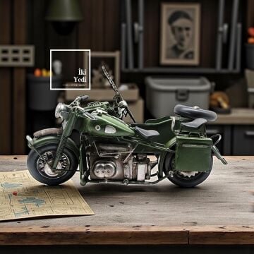 Andrew Metal Model Askeri Motosiklet & Sepetli Retro Motor Maketi, Dekoratif Obje Ofis Ev Aksesuarı