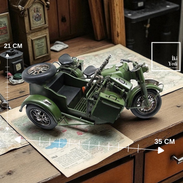 Andrew Metal Model Askeri Motosiklet & Sepetli Retro Motor Maketi, Dekoratif Obje Ofis Ev Aksesuarı