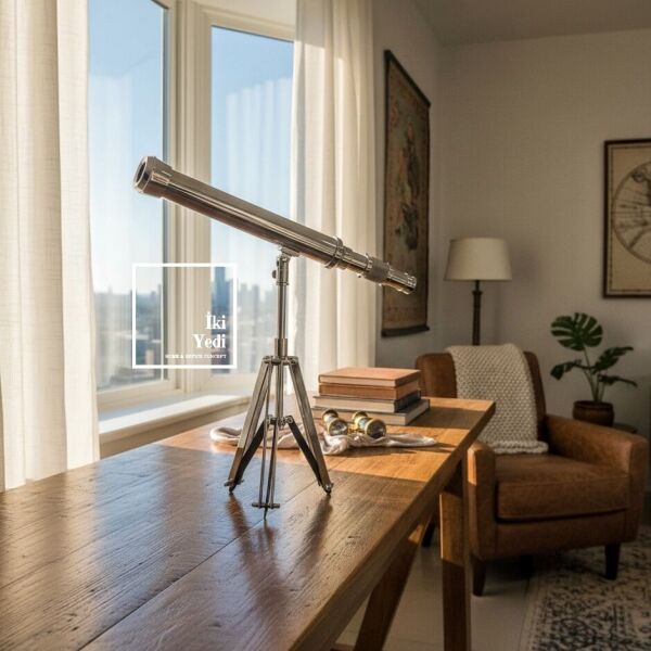 Clodius Krom Vintage Teleskop Dekoratif Obje – Tripodlu Metal Masa Üstü Figür Ev Ofis Dekor Hediye