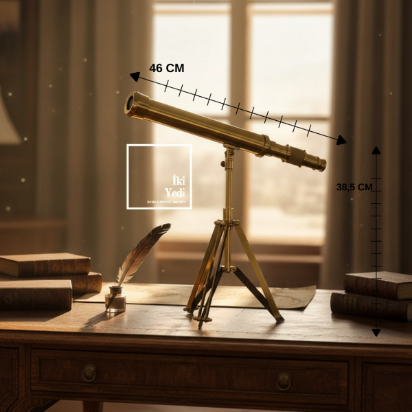 Clodius Gold Vintage Teleskop Dekoratif Obje – Tripodlu Masa Üstü Figür 46 cm Ev Ofis Dekor Hediye