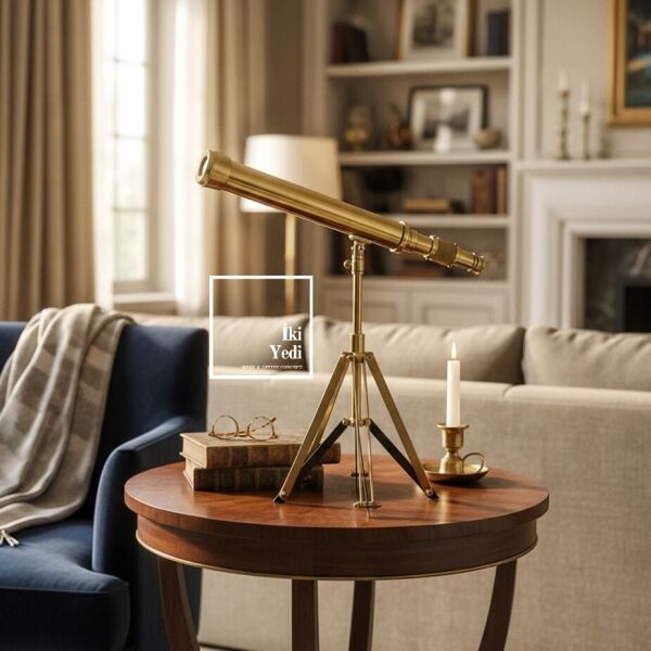 Clodius Gold Vintage Teleskop Dekoratif Obje – Tripodlu Masa Üstü Figür 46 cm Ev Ofis Dekor Hediye
