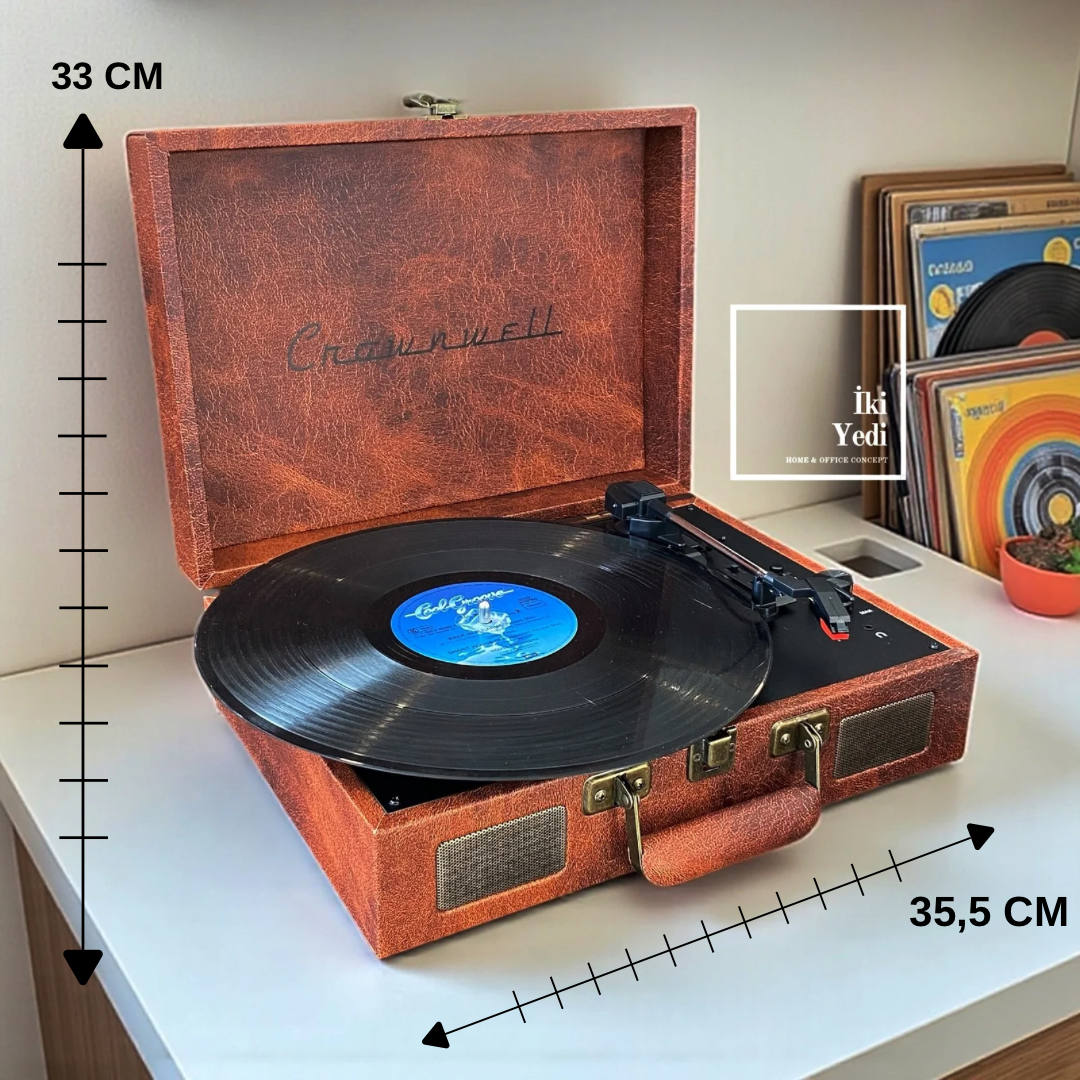 Crownwell Fordham Nostaljik Çantalı Pikap Bluetooth Hoparlörlü Plak Çalar Müzik Retro Hediyelik Şık