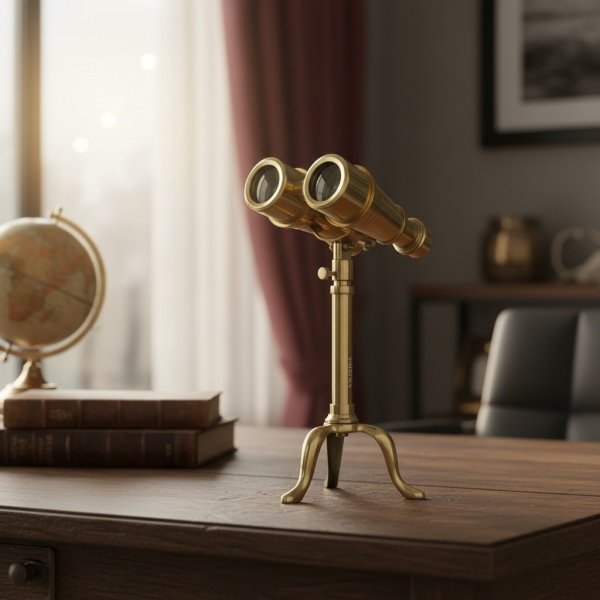 Aaron Vintage Gold Dürbün Dekoratif Obje Stantlı Tripodlu Masa Üstü Aksesuar Ofis Hediyesi Antik