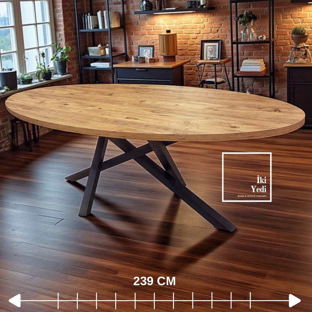 Egfold Elips Yemek ve Toplantı Masası 239 cm, Ahşap Üst Lüks Demir Ayaklı Büyük Masa, Modern Ofis ve Ev Dekorasyonu