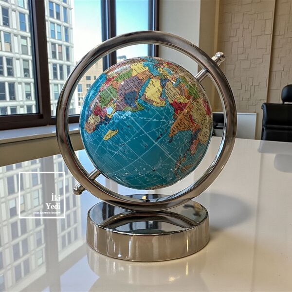 Yeovil Metal Krom Masaüstü Dünya Küresi 20 cm Dekoratif Küre Ofis Ev Aksesuarı Mavi Hediye Aksesuar