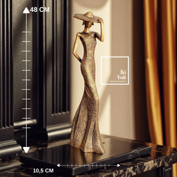 Kadın Figürlü Dekoratif Heykel, Şapkalı Modern Biblo, 48 cm Altın Renk Zarif Ev Ofis Aksesuarı