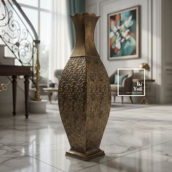 Pharsalia Bronz Tonlu Büyük Boy Dekoratif Vazo 75 cm, Salon ve Giriş Alanları İçin Heykelsi Tasarım