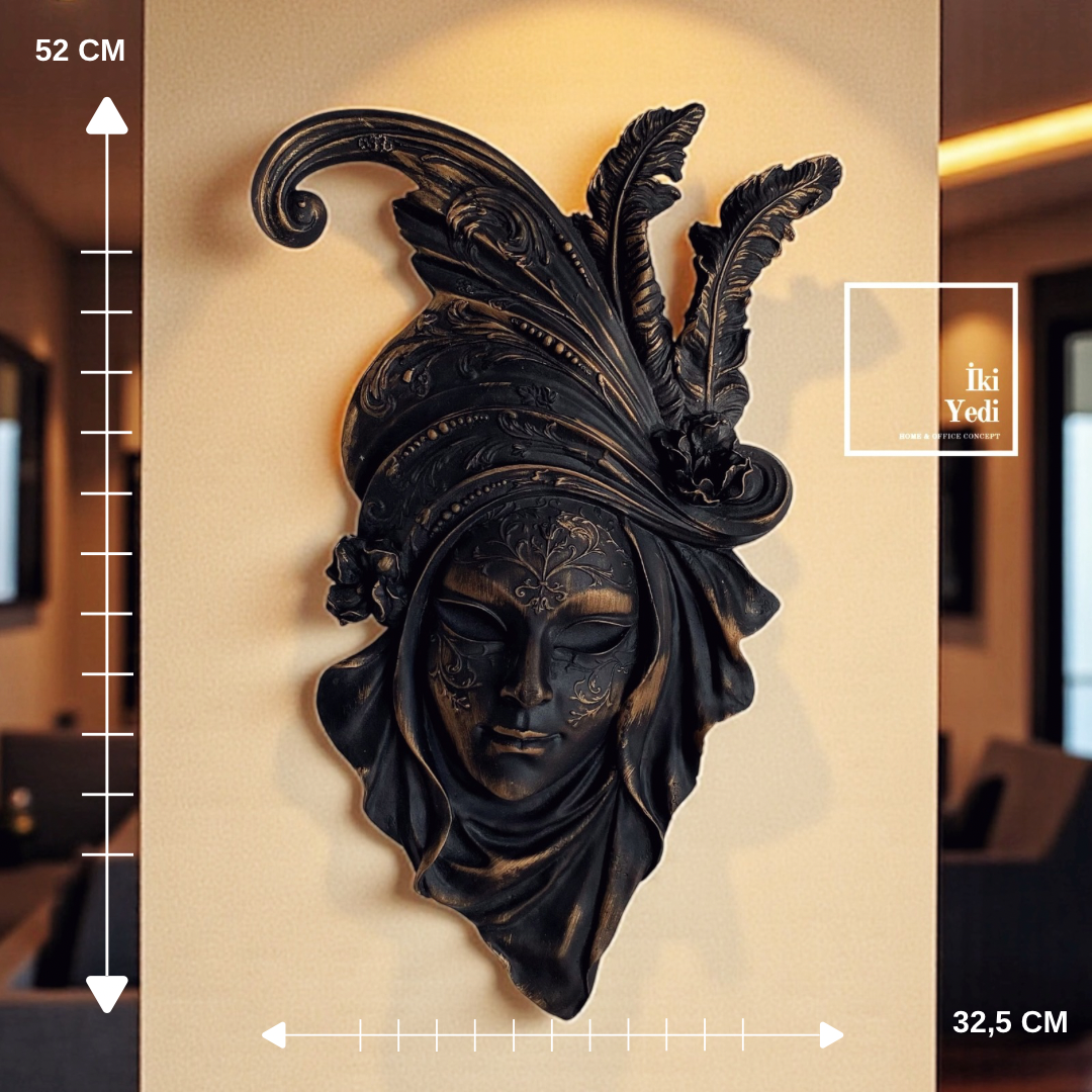 Bogue Siyah Venedik Maskesi Duvar Dekoru 52x32,5 cm Lüks Duvar Süsü Dekoratif Maske Biblo Ev Ofis