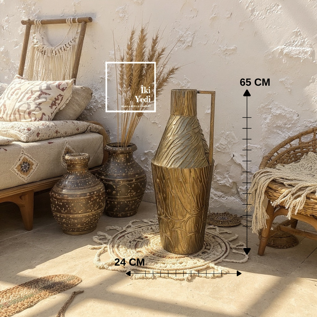 Cleanthes Bronz Tonlu Kulplu Antik İbrik Figürü Dekoratif Vazo 65 cm Karşılama Giriş Dekoru Ev Ofis