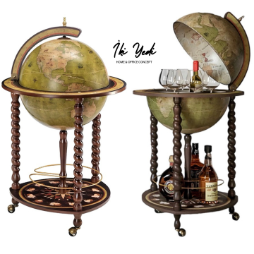 Olive Ahşap Ayaklı Dünya Bar Küresi, Şaraplık İçki Arabası, Antik Sunum Sehpası Dekoratif Hediye