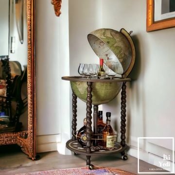Olive Dünya Bar Şaraplık Ahşap Torna Ayaklı İçki Arabası İçecek Servis Sunum Sehpası Seyyar Antik Dekoratif İthal İçki Küresi