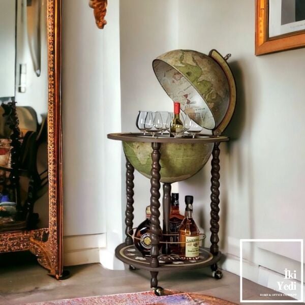 Olive Ahşap Ayaklı Dünya Bar Küresi, Şaraplık İçki Arabası, Antik Sunum Sehpası Dekoratif Hediye