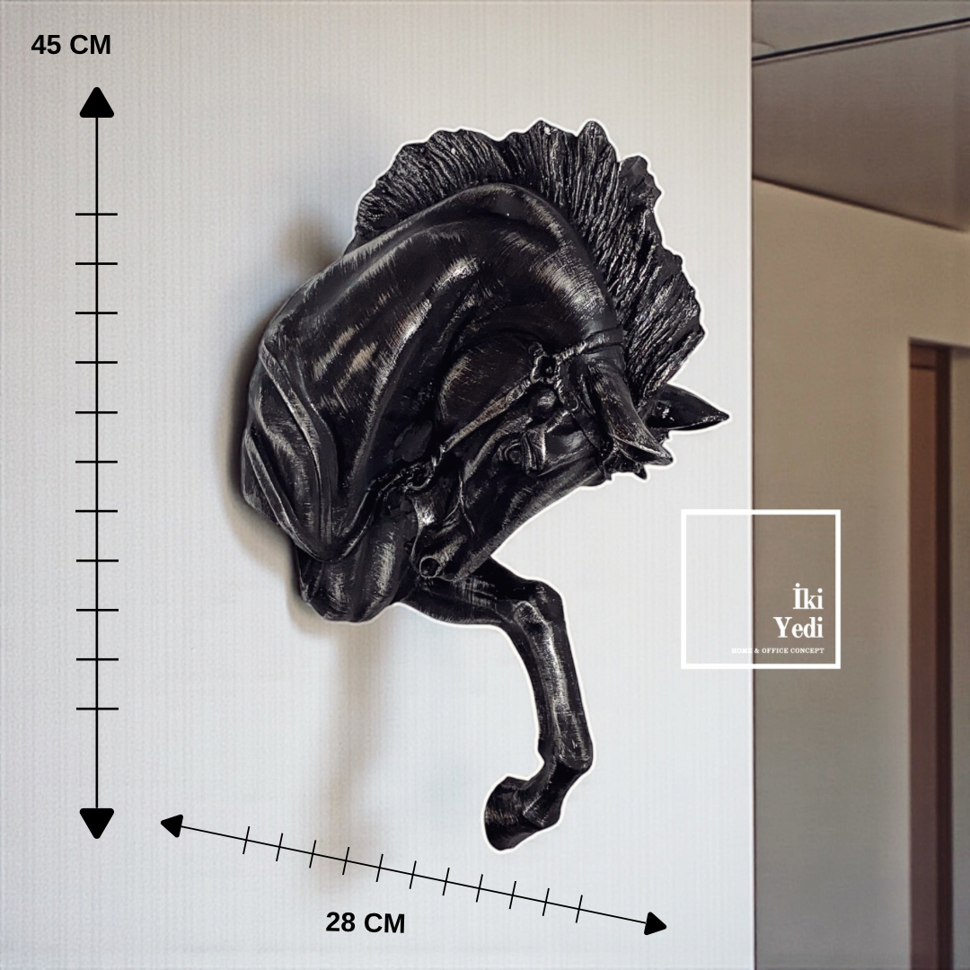 Turner Siyah Gri Renk At Kafası Duvar Dekoru 45x28 cm Heykel Modern Ofis ve Ev Ofis Duvar Aksesuarı