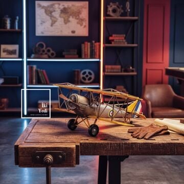 Juhan Retro Çift Kanatlı Uçak Maketi 45 cm, Ofis ve Evler İçin Dekoratif Havacılık Objesi Metal Şık