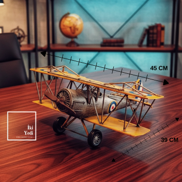 Juhan Retro Çift Kanatlı Uçak Maketi 45 cm, Ofis ve Evler İçin Dekoratif Havacılık Objesi Metal Şık