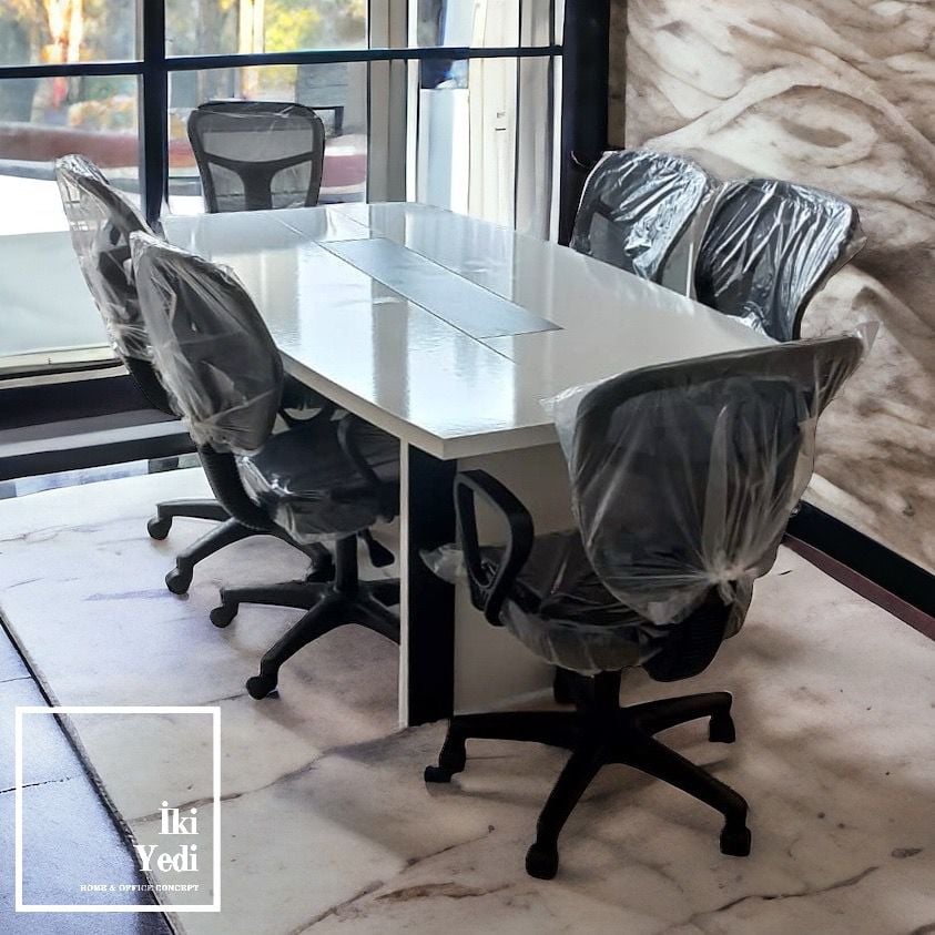 Nouvin 36 mm Sümenli 200 cm ( 2 Metre ) Toplantı Masası ve Personel Sandalye Takımı 6 Kişilik Seti Ofis Mobilyaları Büro Mobilyası Beyin Takımı Siyah Beyaz