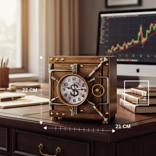 Solanke Para Kasası Tasarımlı Masa Saati, Masa Üstü Saat, Ofis Hediyesi Bankacı ve Finans Aksesuarı