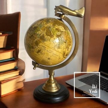Walter Uçak Tasarımlı Dünya Küresi, Pirinç Gövdeli Yerküre, Ofis Hediyesi Dekoratif Aksesuar