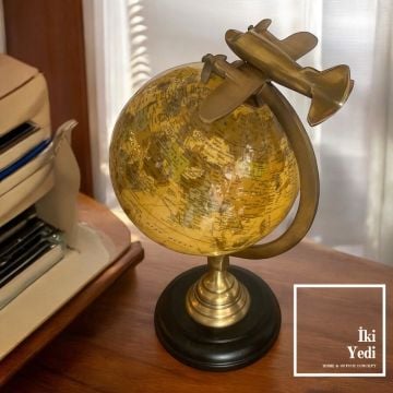 Walter Uçak Tasarımlı Dünya Küresi, Pirinç Gövdeli Yerküre, Ofis Hediyesi Dekoratif Aksesuar