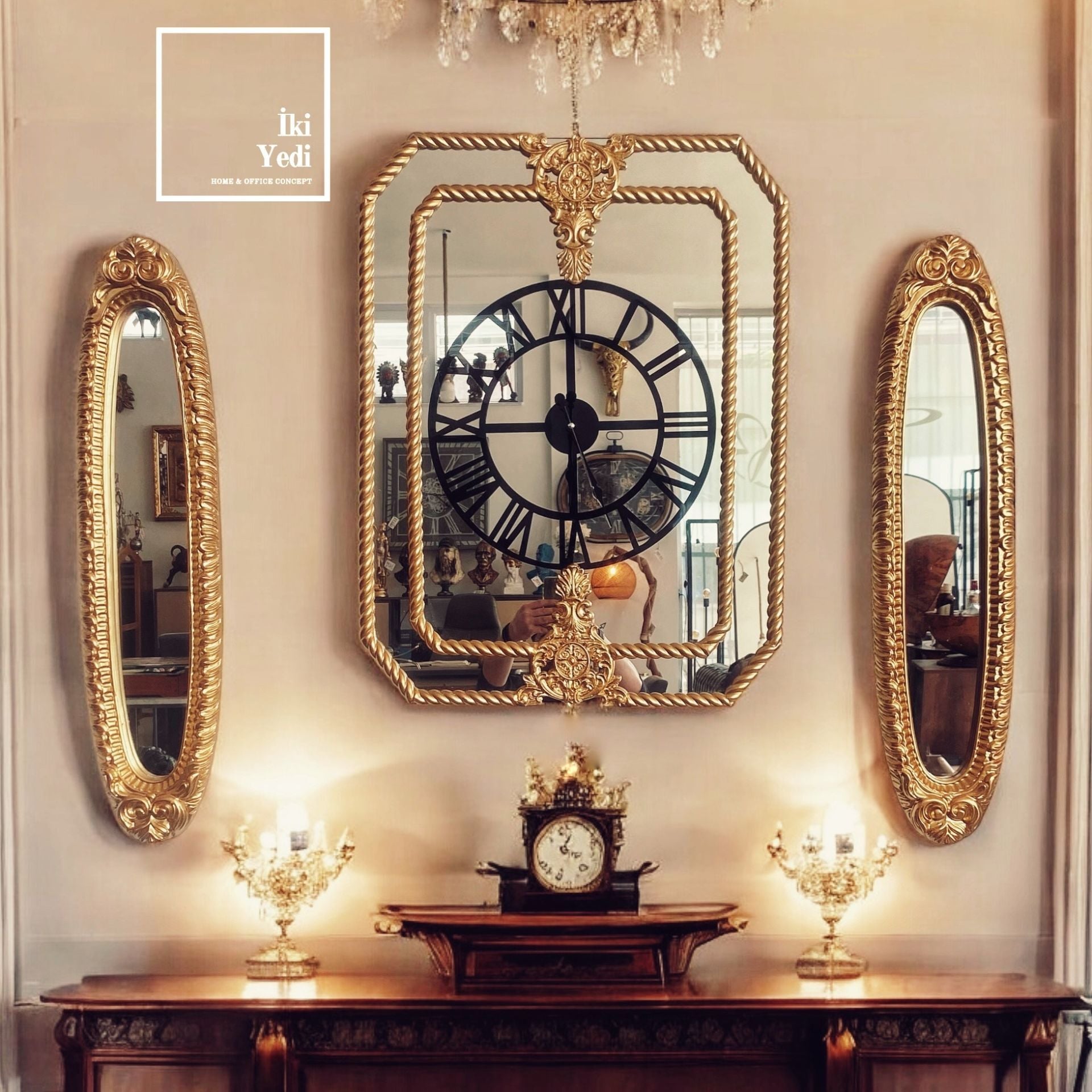 Sacha Üçlü Varaklı Ayna Saat Takımı – Altın Detaylı Lüks Salon Antre Duvar Dekorasyonu Seti