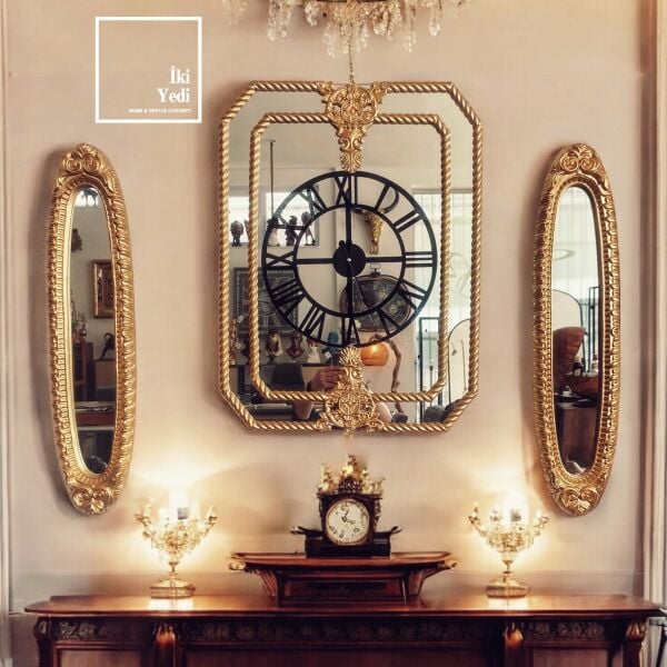 Sacha Üçlü Varaklı Ayna Saat Takımı – Altın Detaylı Lüks Salon Antre Duvar Dekorasyonu Seti