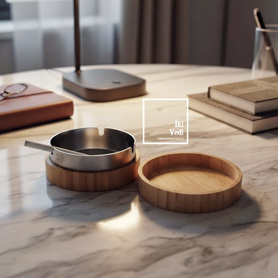 Bostock Bambu Kapaklı Metal Küllük, Masa Üstü Küllük ve Kültablası, Ofis ve Ev Aksesuarı Hediyelik