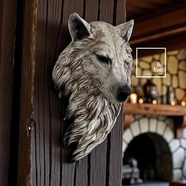 Crassus Kurt Başı Duvar Dekoru, 50x30 cm Polyresin Heykel Beyaz Kurt Ofis ve Ev Duvar Aksesuarı Şık