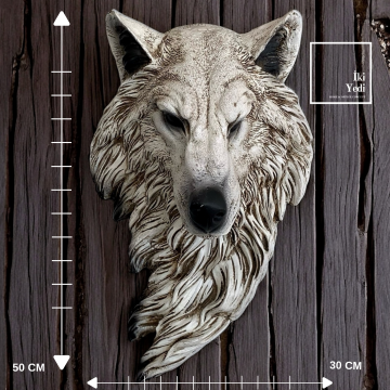 Crassus Kurt Başı Duvar Dekoru, 50x30 cm Polyresin Heykel Beyaz Kurt Ofis ve Ev Duvar Aksesuarı Şık