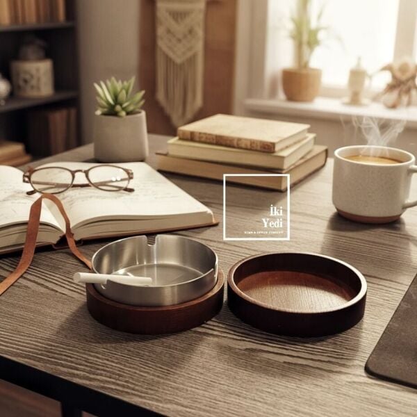 Bostock Ahşap Kapaklı Metal Küllük, Masa Üstü Küllük ve Kültablası, Ev ve Ofis Aksesuarı Hediyelik