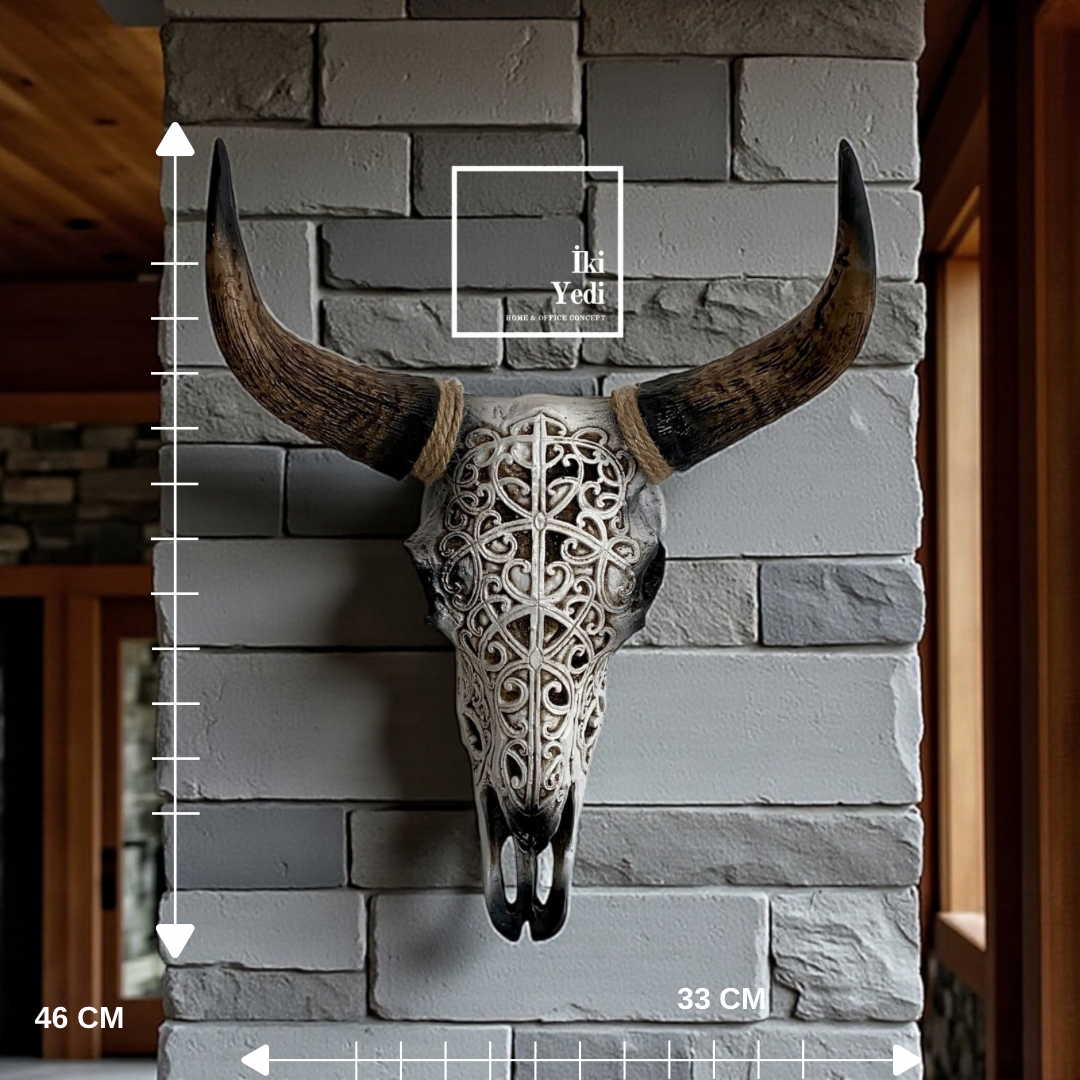 Missolula Beyaz Boğa Kafası Duvar Dekoru, 46 cm Tribal İşlemeli Obje, Dekoratif Heykel Ev ve Ofis